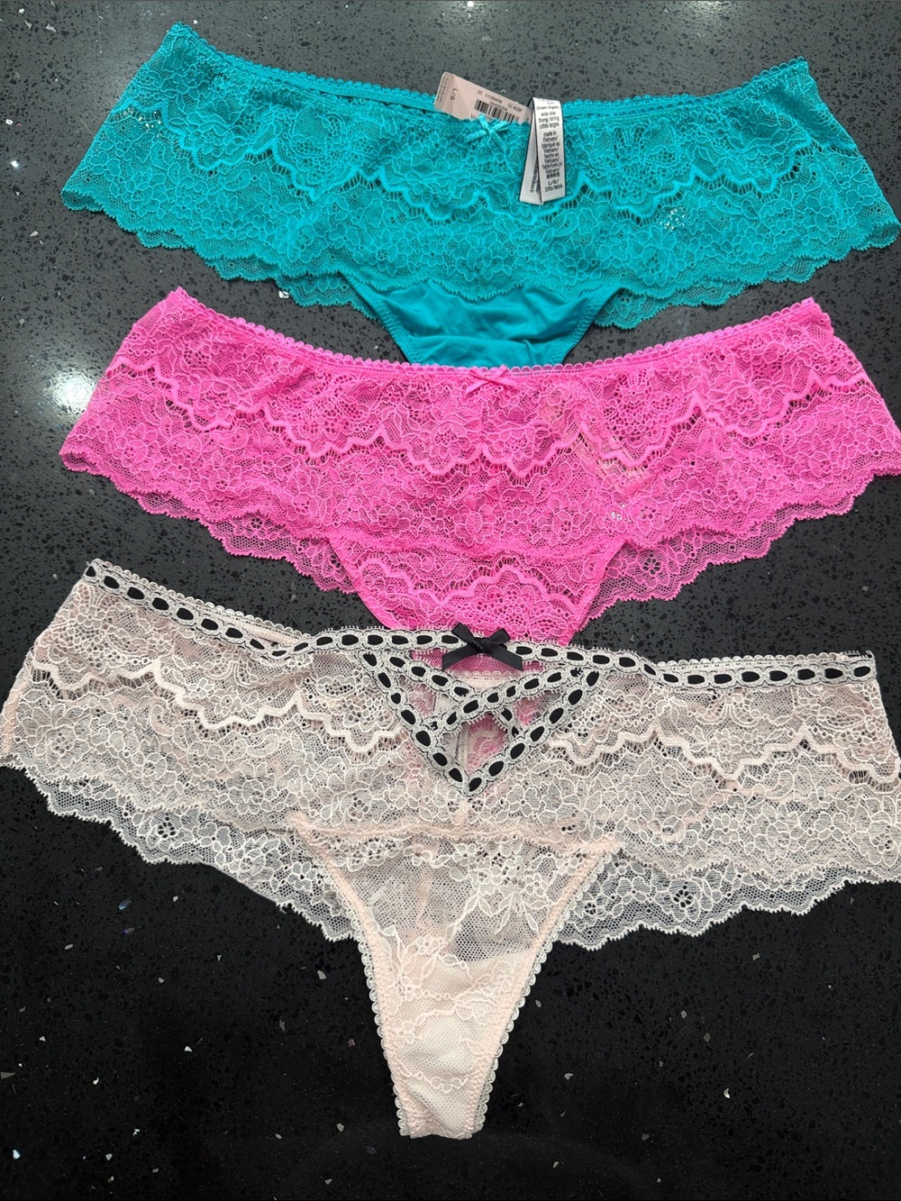 Victoria's Secret Lace Cheeky Thongs – Teal, Pink & Cream